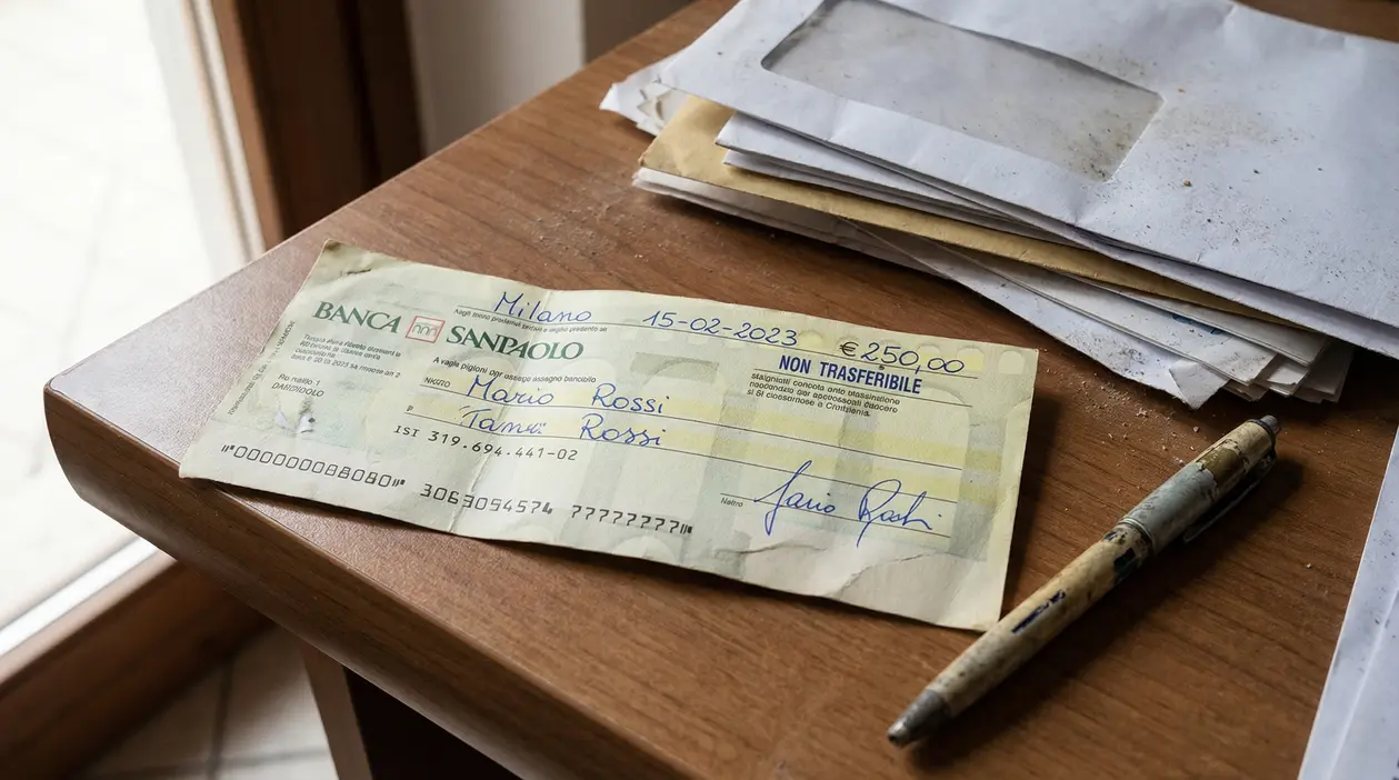 Assegno bancario appoggiato su un tavolo con penna e buste di lettere accanto