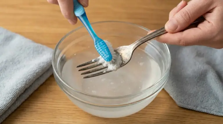 Una persona pulisce una forchetta annerita con uno spazzolino e una sostanza bianca