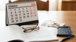 Calendario da tavolo, documento con occhiali, soldi e calcolatrice su una scrivania