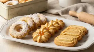 Vari tipi di biscotti al burro disposti su un piatto bianco su tavolo di legno chiaro