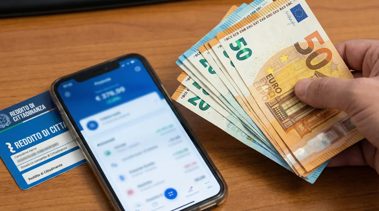 Una mano con banconote in euro accanto a uno smartphone e una tessera del reddito di cittadinanza