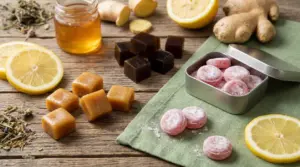 Caramelle fatte in casa con limone, miele, zenzero e ingredienti naturali su un tavolo rustico