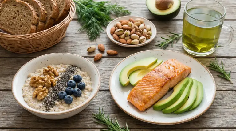 Colazione sana con salmone, avocado, fiocchi d'avena, frutta secca e tè verde su tavolo in legno