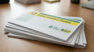 Un mazzo di buoni fruttiferi postali su un tavolo di legno