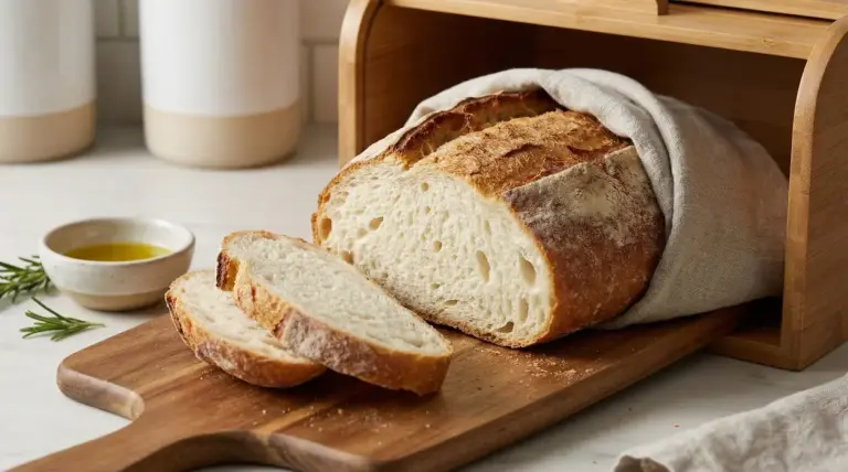 Pane casereccio tagliato a fette su un tagliere di legno vicino a una madia da cucina