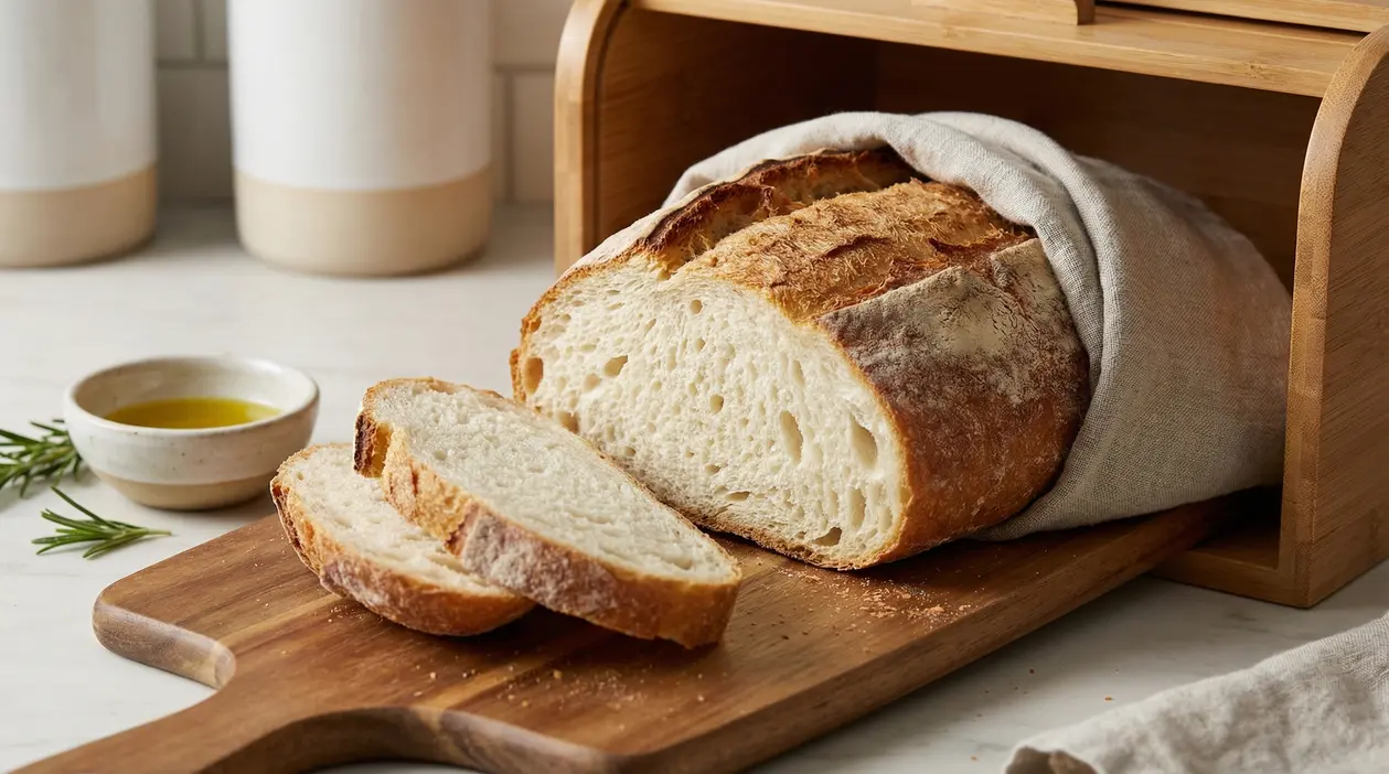 Pane casereccio tagliato a fette su un tagliere di legno vicino a una madia da cucina