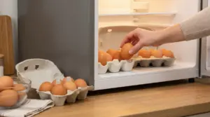 Mano che ripone un uovo marrone in frigorifero accanto a una confezione di uova