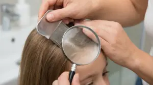 Controllo dei pidocchi nei capelli con lente d'ingrandimento e pettine a denti fitti