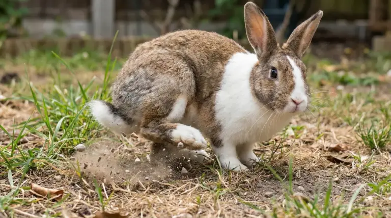 Coniglio che batte le zampe posteriori su un terreno erboso