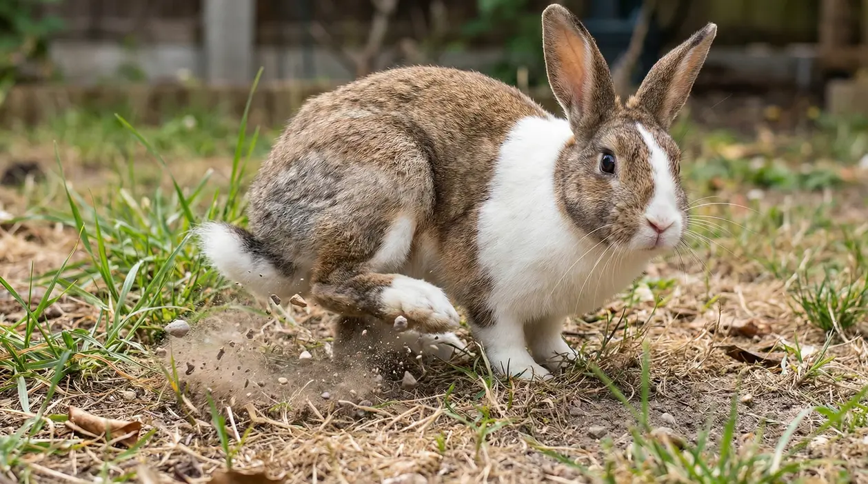 Coniglio che batte le zampe posteriori su un terreno erboso