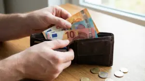 Una persona controlla delle banconote in euro all'interno di un portafoglio aperto