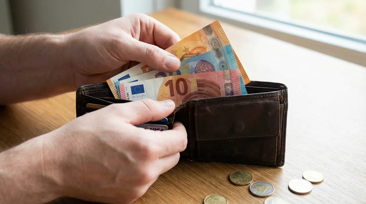 Una persona controlla delle banconote in euro all'interno di un portafoglio aperto