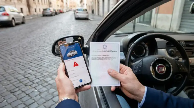 Persona in auto controlla dallo smartphone e da un documento se l'auto è soggetta a fermo amministrativo