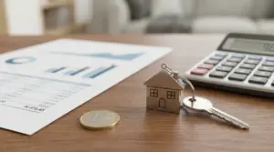 Portachiavi a forma di casa, chiave, moneta, calcolatrice e grafici su un tavolo