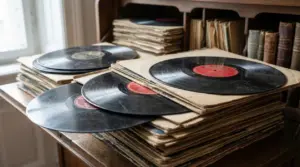 Vecchi dischi in vinile appoggiati su una scrivania di legno accanto a libri antichi