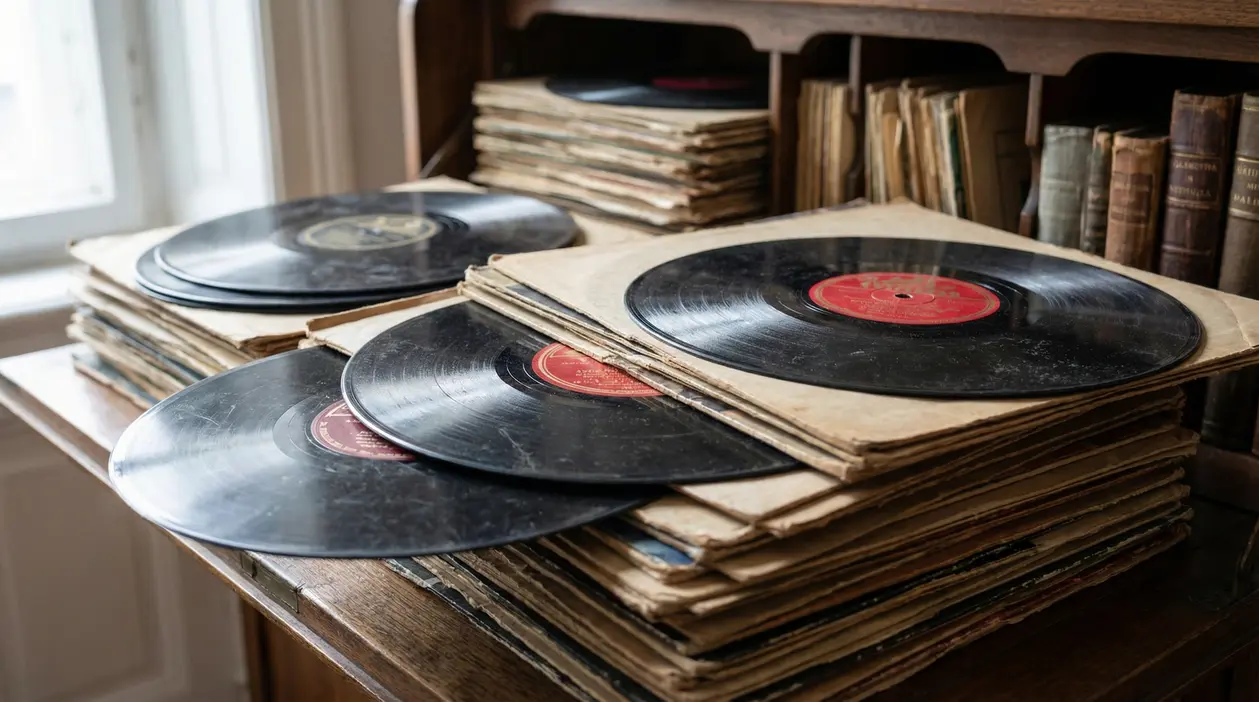Vecchi dischi in vinile appoggiati su una scrivania di legno accanto a libri antichi
