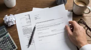 Una persona tiene un modulo di richiesta di finanziamento su una scrivania con documenti e calcolatrice