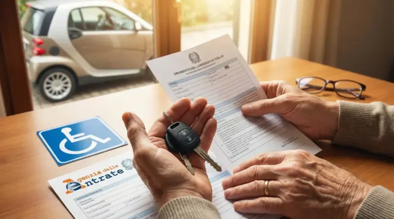 Mani di una persona anziana con chiavi auto e documenti su un tavolo vicino a un cartello disabili