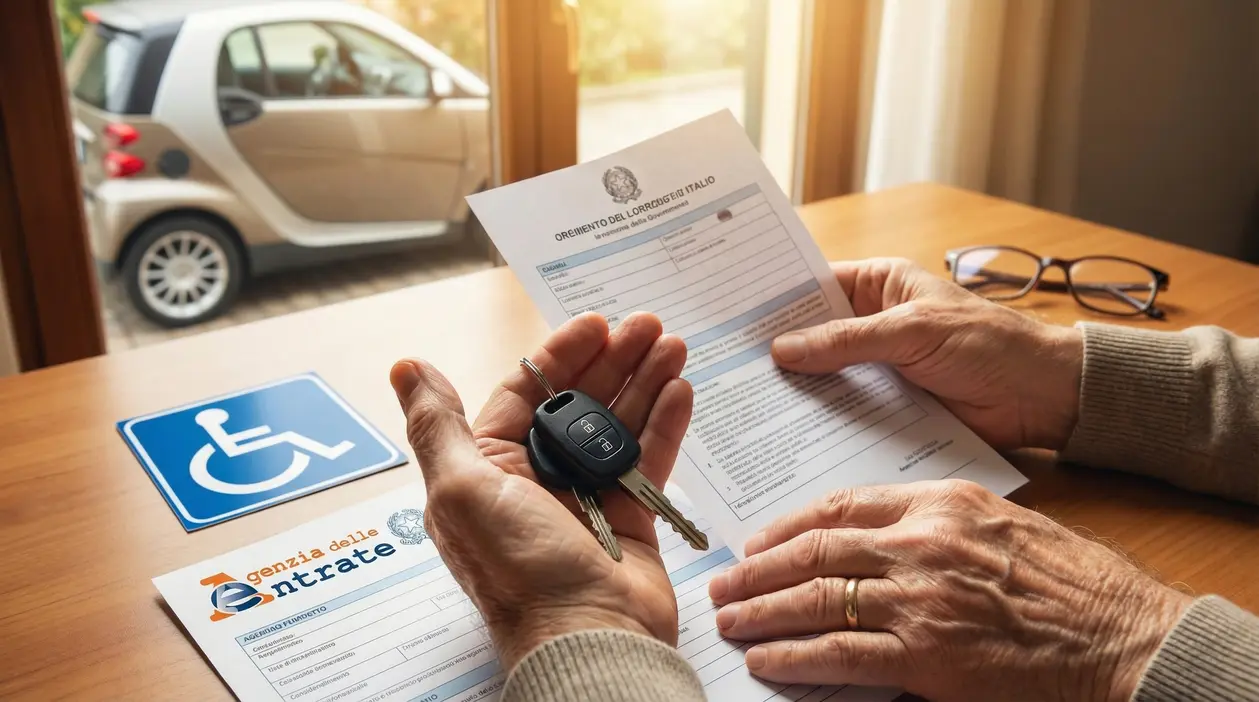 Mani di una persona anziana con chiavi auto e documenti su un tavolo vicino a un cartello disabili