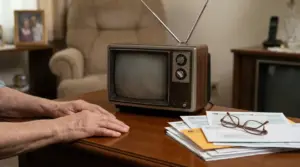 Mani di una persona anziana vicino a una vecchia televisione e documenti su un tavolo