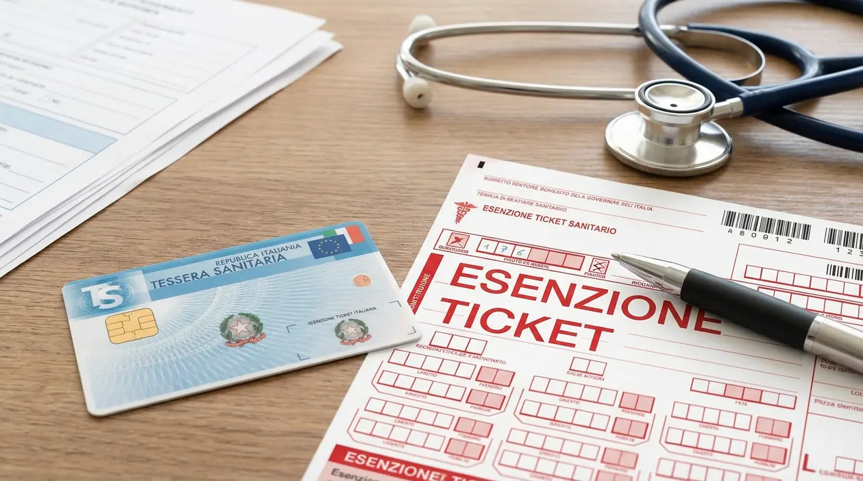 Tessera sanitaria italiana accanto a moduli per l'esenzione dal ticket e uno stetoscopio su un tavolo.