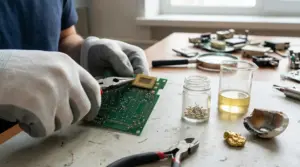 Persona con guanti smonta un circuito stampato con pinze su un tavolo da lavoro