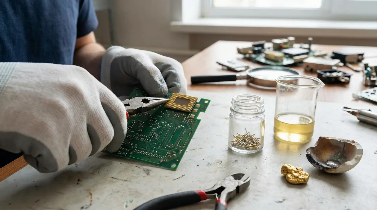 Persona con guanti smonta un circuito stampato con pinze su un tavolo da lavoro