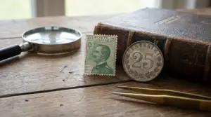 Francobollo e moneta da 25 centesimi su un tavolo con lente d'ingrandimento e libro antico