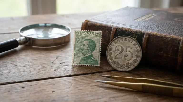 Francobollo e moneta da 25 centesimi su un tavolo con lente d'ingrandimento e libro antico