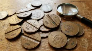 Gettoni telefonici italiani degli anni '60 e '70 sparsi su un tavolo in legno, con lente d'ingrandimento
