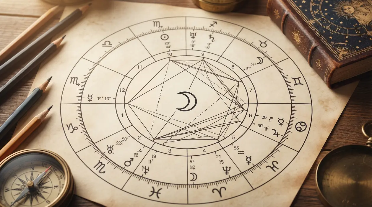 Carta astrologica con simboli zodiacali e segno lunare al centro su tavolo di legno