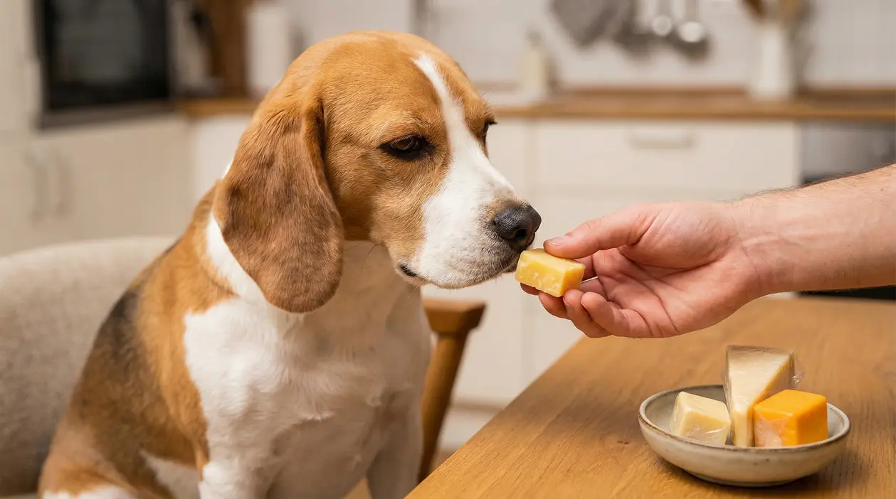 Cane che annusa un pezzo di formaggio offerto da una mano umana
