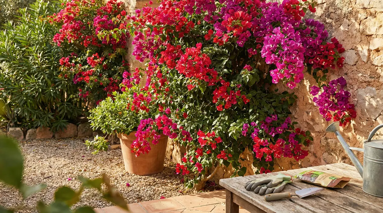 Bouganville in fiore lungo un muro di pietra con attrezzi da giardinaggio su un tavolo in legno