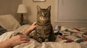 Gatto tigrato seduto su un letto mentre fissa direttamente l'obiettivo