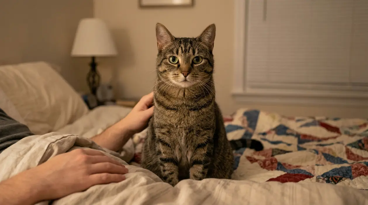 Gatto tigrato seduto su un letto mentre fissa direttamente l'obiettivo