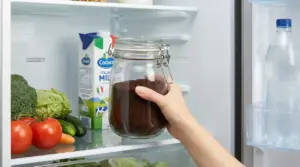 Una mano ripone un barattolo di caffè macinato all'interno di un frigorifero accanto a verdure e latte.