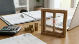 Calcolatrice, monete, calendario 2026 e un modello di finestra con una X rossa su una scrivania