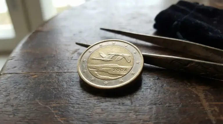 Moneta da 1 euro Finlandia 2004 poggiata su un tavolo in legno con una pinzetta accanto