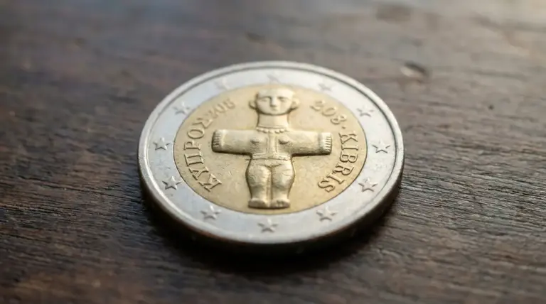 Moneta da 1 euro cipriota con figura a braccia aperte su sfondo in legno
