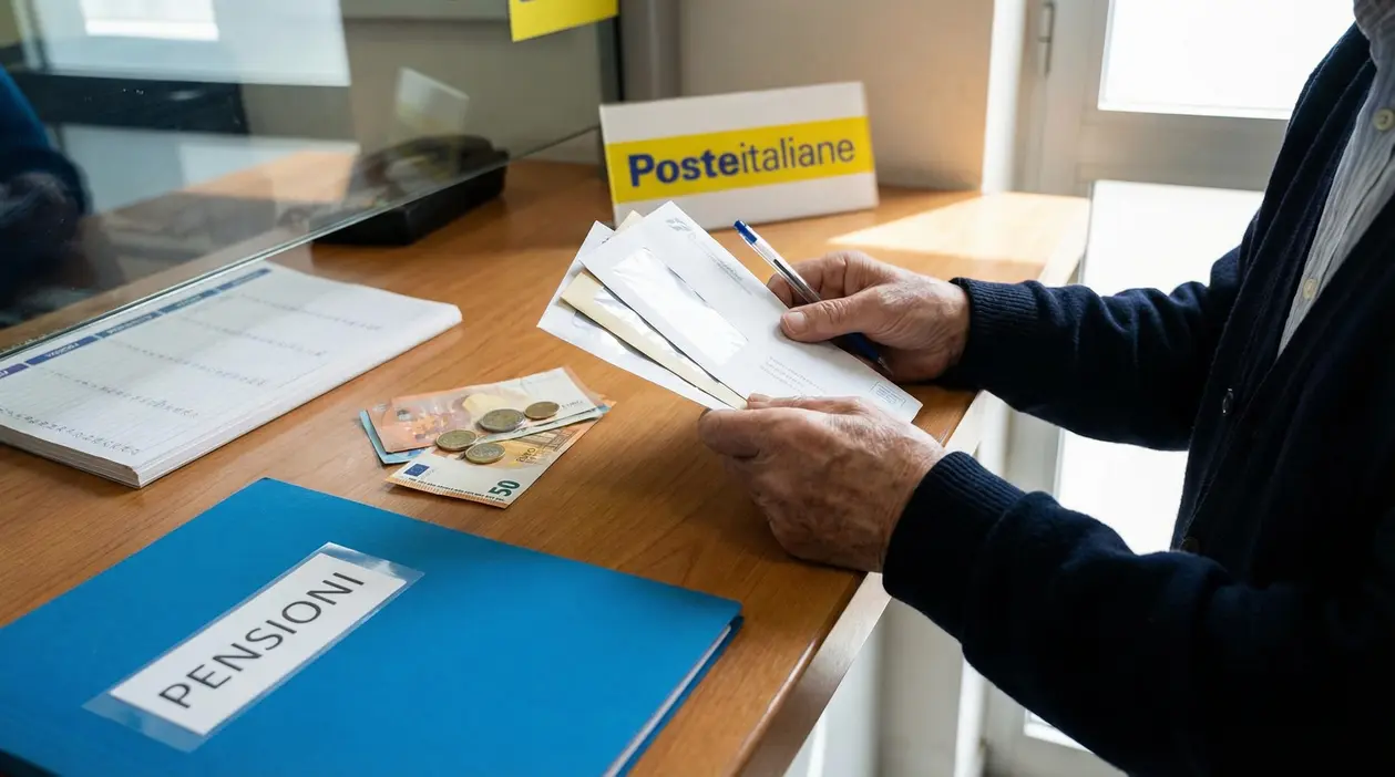 Una persona anziana controlla documenti e lettere presso uno sportello postale