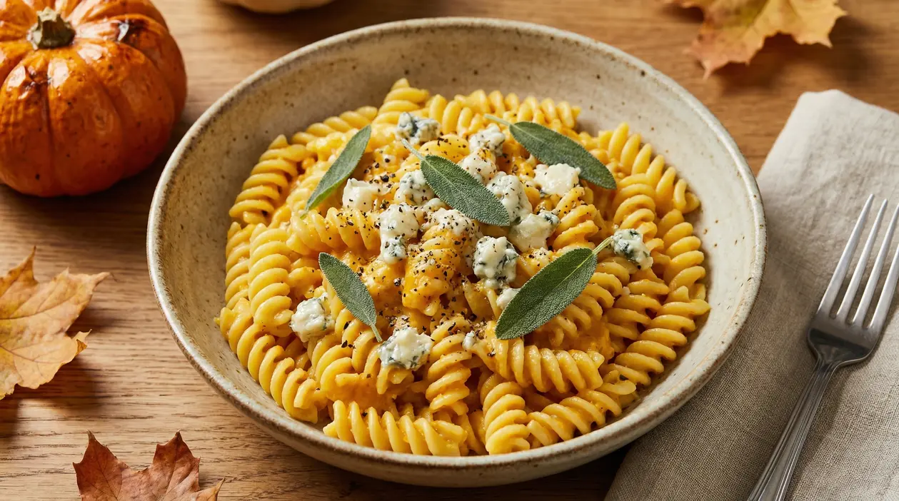 Piatto di pasta con crema di zucca, gorgonzola e foglie di salvia su un tavolo autunnale