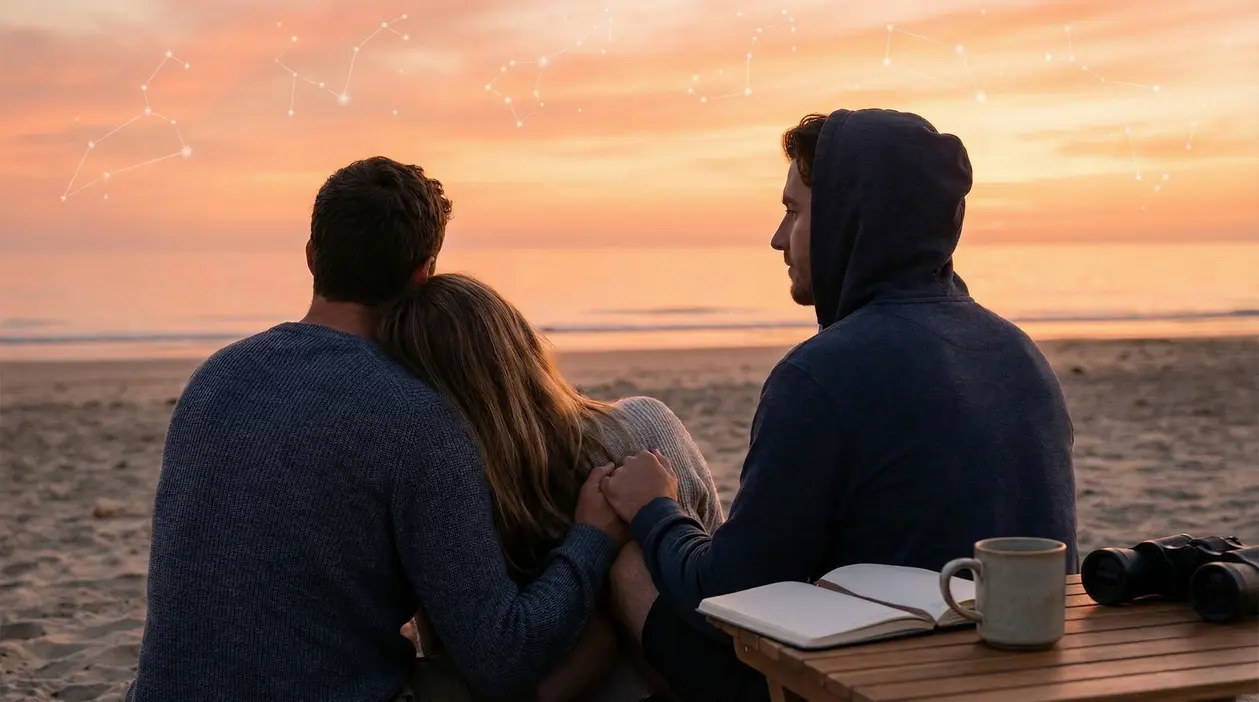 Tre persone sulla spiaggia al tramonto con costellazioni nel cielo
