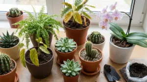 Diversi vasi con piante da appartamento su un davanzale, tra cui cactus, felci e un'orchidea.