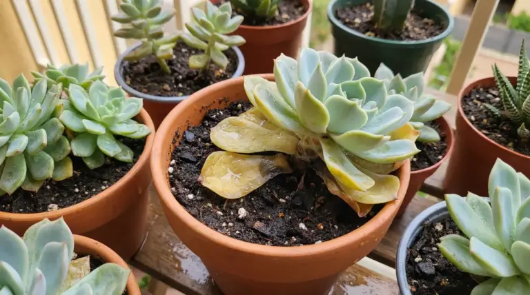 Pianta grassa in vaso con foglie inferiori ingiallite e marcite per eccesso d'acqua