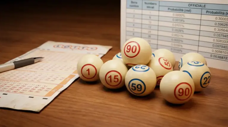 Palline del lotto con numeri e schedina su un tavolo di legno