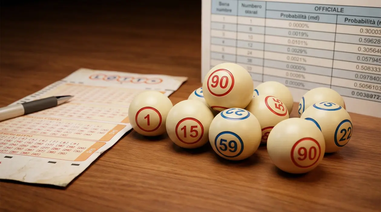 Palline del lotto con numeri e schedina su un tavolo di legno