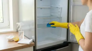 Persona con guanti gialli pulisce l'interno di un frigorifero con una spugna