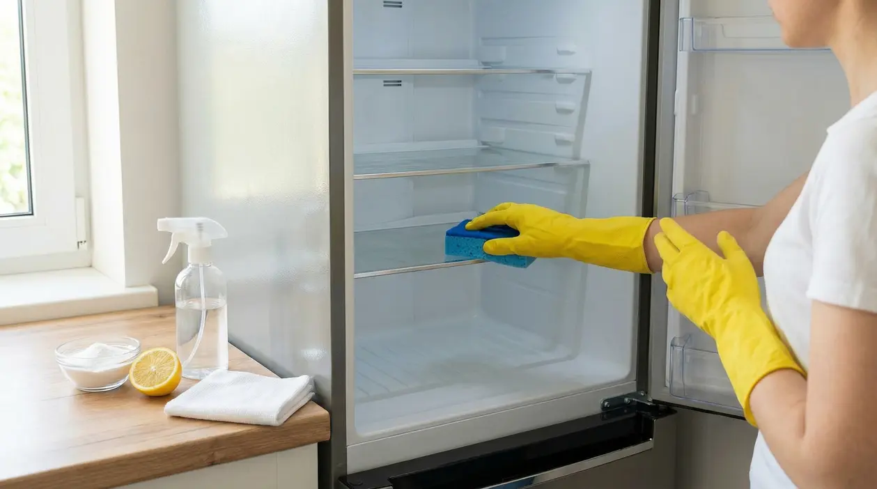 Persona con guanti gialli pulisce l'interno di un frigorifero con una spugna