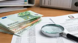 Mazzette di banconote e documenti finanziari con lente di ingrandimento su un tavolo