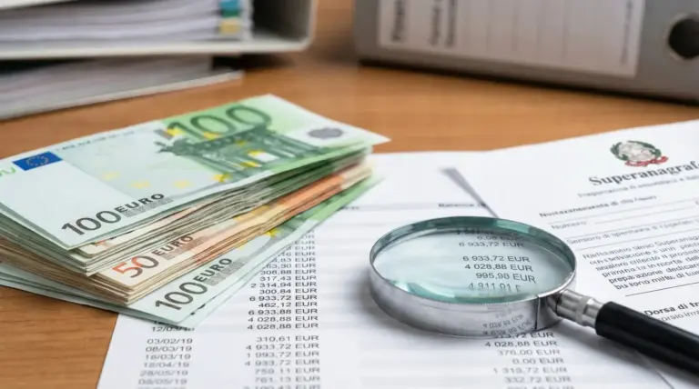 Mazzette di banconote e documenti finanziari con lente di ingrandimento su un tavolo